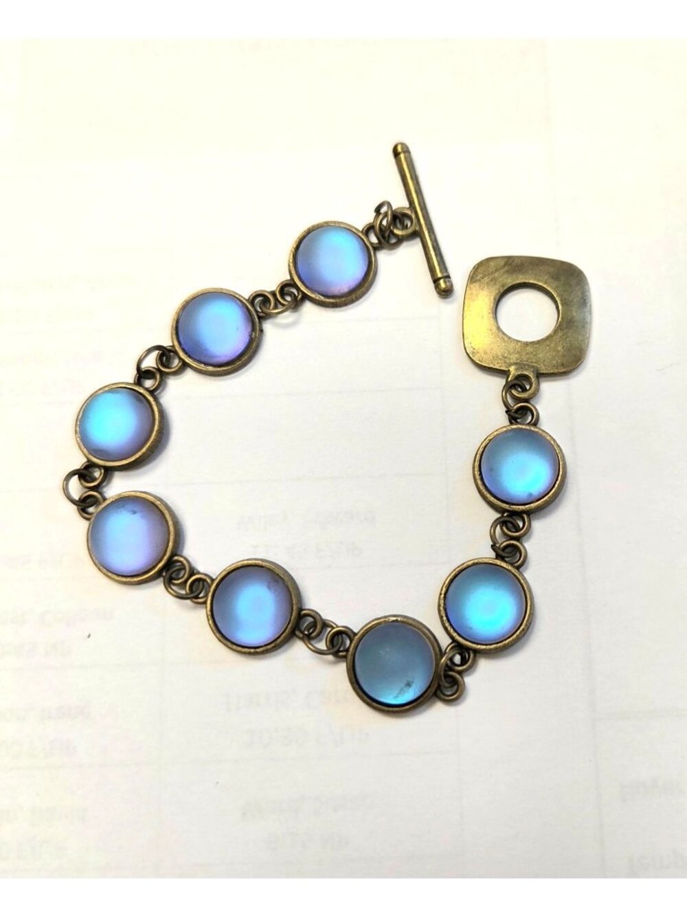 Vintage Brass Blue Iridescent Glass Toggle Clasp Bracelet With Round Links